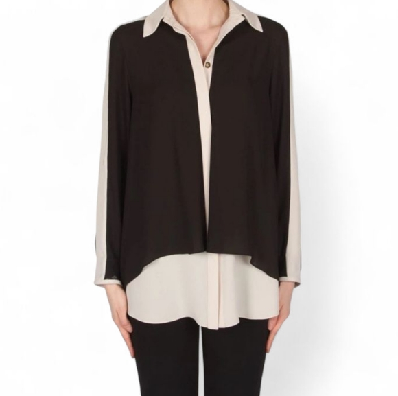 Joseph Ribkoff Layered Chiffon Button Up Shirt Women's 10 Black Tan Office Work - Picture 1 of 12